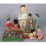 Seven various dolls; a painted model fort; various soldier figures, etc