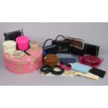 A 7” diameter leather collar box; together with a ladies’ hatbox; & twelve various handbags &
