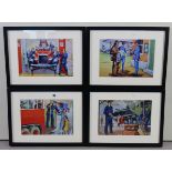 A set of eight coloured prints each depicting a mid-20th century worker at work including a fireman,