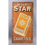 A VINTAGE “WILLS STAR CIGARETTES” ENAMELLED SIGN, 36” x 18”.