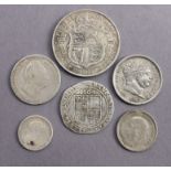 A James I silver sixpence, 1604; a George III Shilling, 1817; a William IV ditto, 1835; a George V