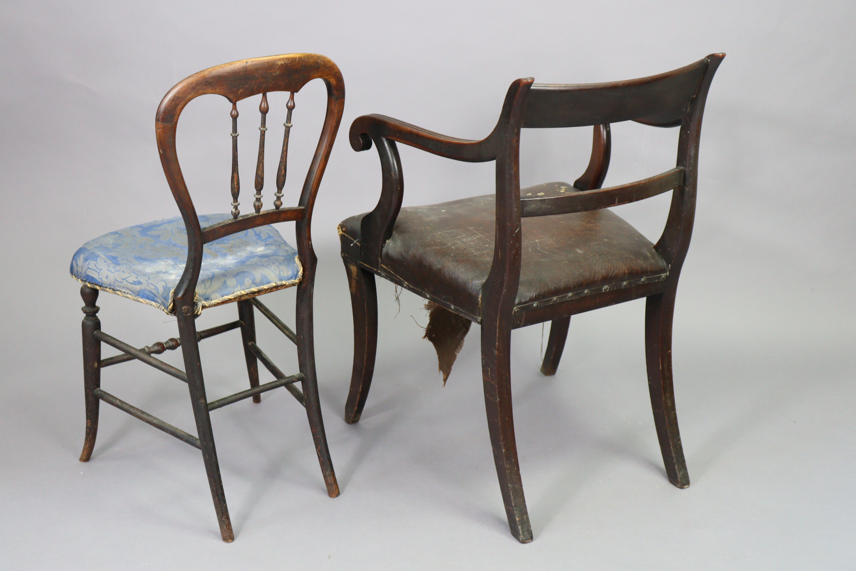 A 19th century mahogany bow-back carver chair with a padded seat, & on fluted sabre legs; together - Image 5 of 6