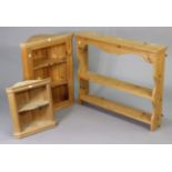 A set of pine wall shelves, 33½” wide x 27½” high; & two pine small hanging corner units.