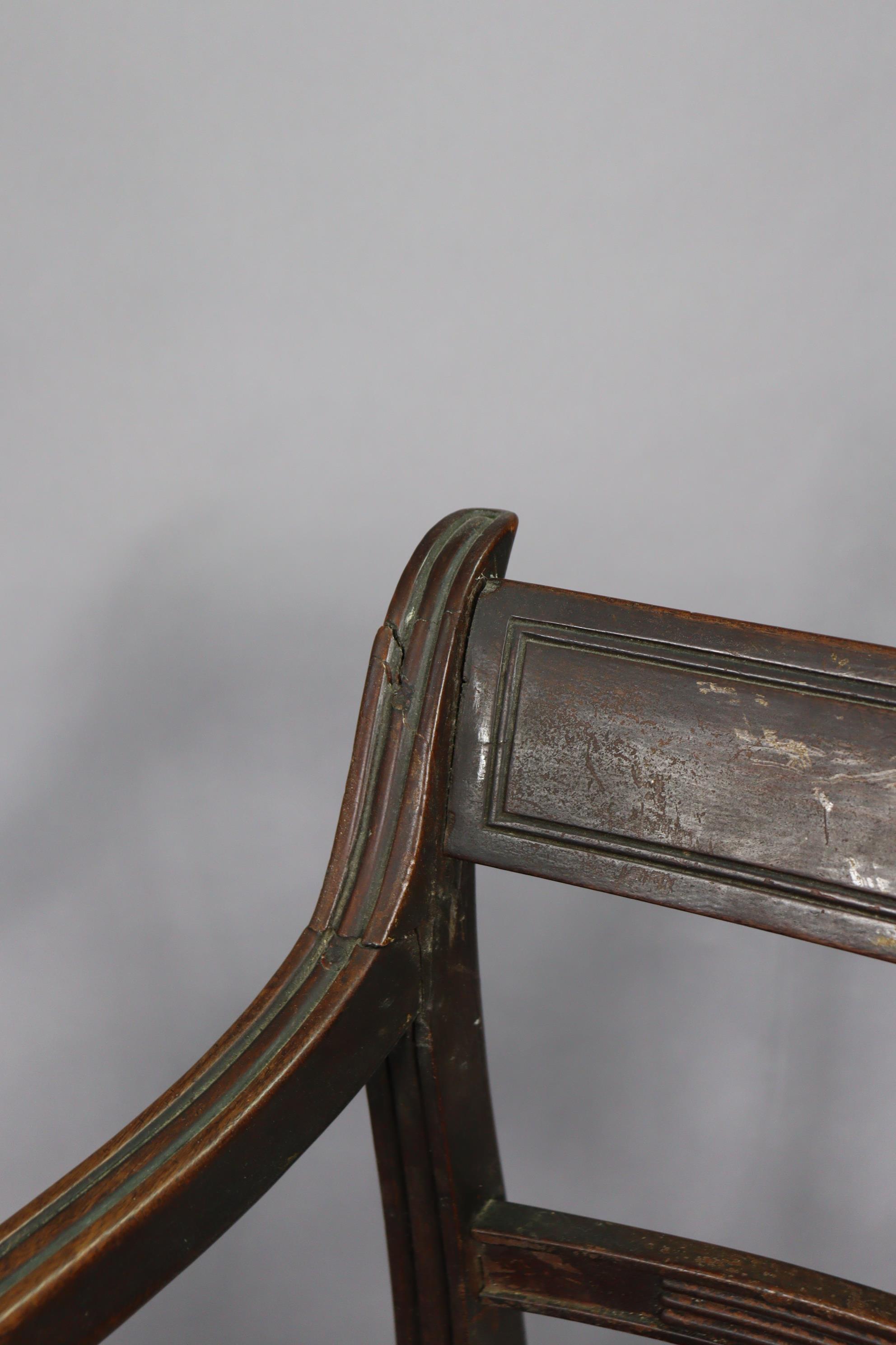 A 19th century mahogany bow-back carver chair with a padded seat, & on fluted sabre legs; together - Image 3 of 6