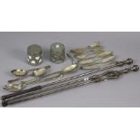 Two steel fire-implements; two pewter cylindrical receptacles; & various items of plated cutlery.