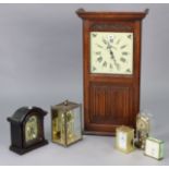 A battery-operated wall clock in a carved oak case enclosed by a glazed and linen-fold panel door,