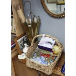 A brass novelty “Umbrella” umbrella stand, 31½” high; a wicker bread basket; a pair of brass wall