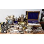 A silver plated hot-water jug & coffee pot; a set of six plated tea knives & forks, cased; three