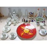 Two cut-glass decanters; a Poole pottery charger; a part coffee service; & various other items of