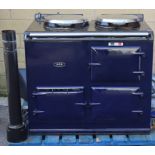 AN AGA BLUE & BLACK ENAMELLED DUAL-FUEL COOKING RANGE, 40” WIDE X 34” HIGH.