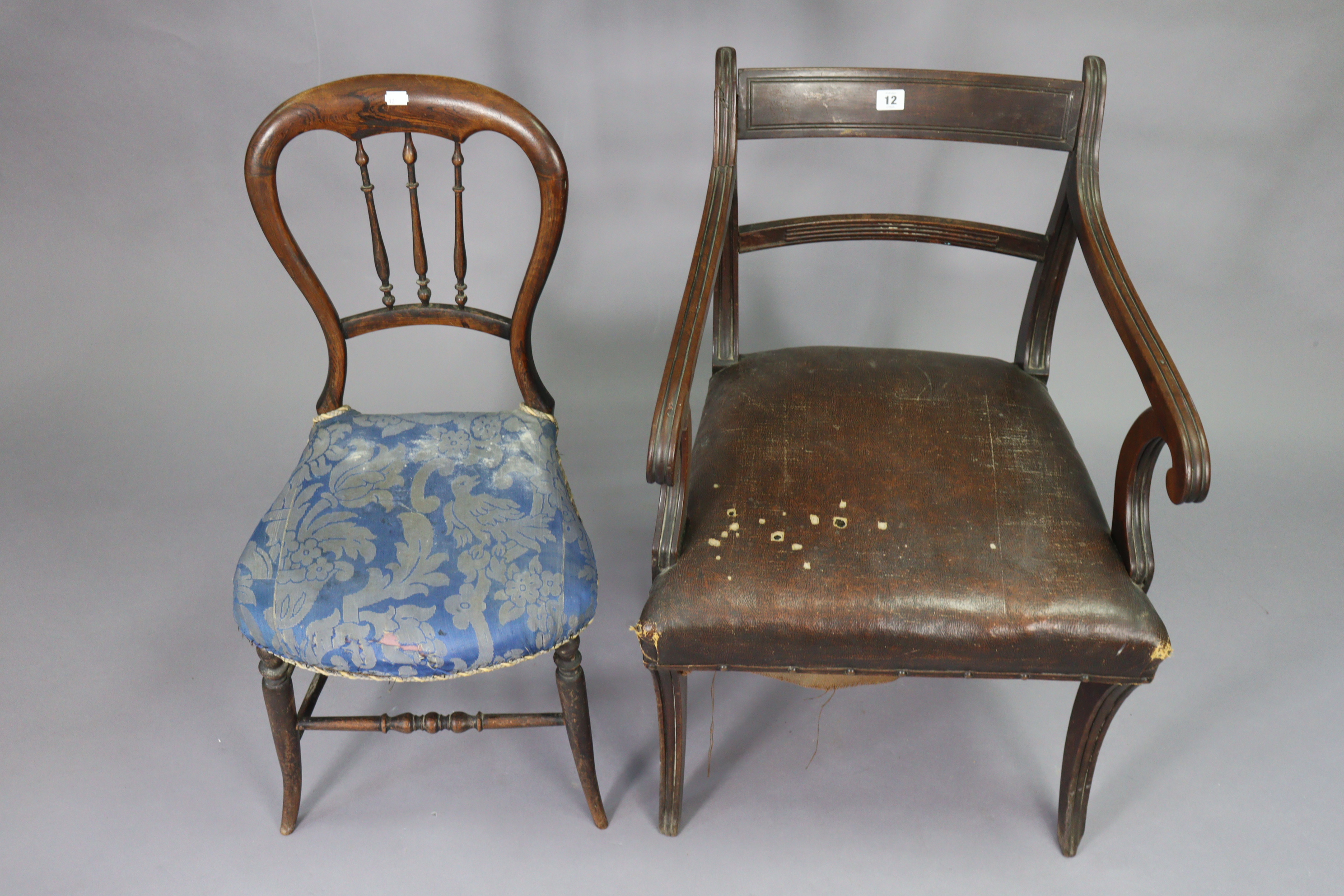 A 19th century mahogany bow-back carver chair with a padded seat, & on fluted sabre legs; together - Image 2 of 6