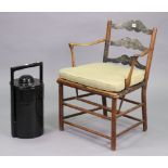 A ladder-back painted cottage elbow chair having a hard seat, on turned supports (w.a.f.); & a Chine