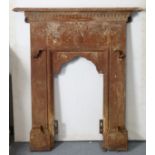 An Edwardian cast-iron bedroom fireplace with raised ribbon & swag frieze, 36” wide x 43” high.