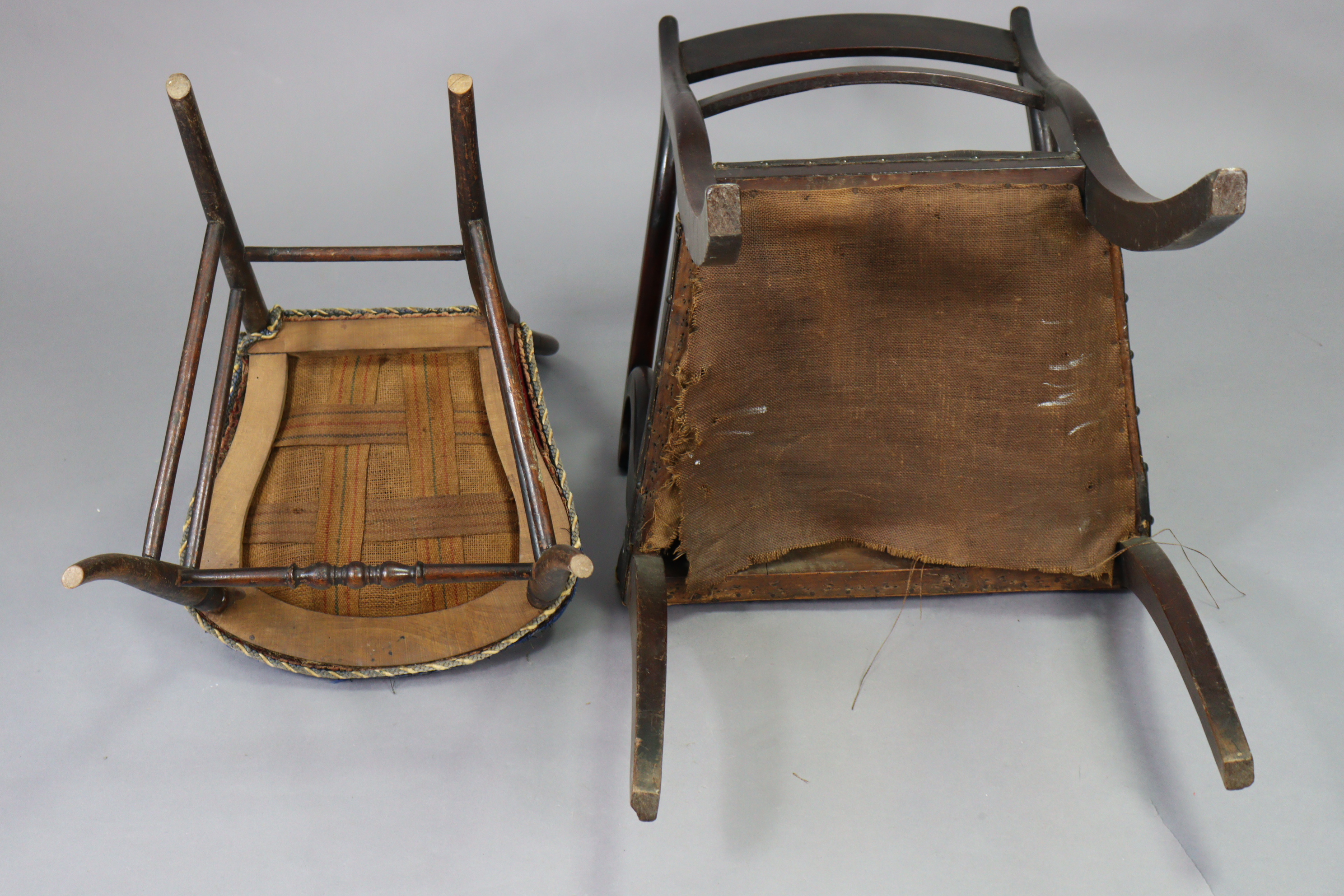 A 19th century mahogany bow-back carver chair with a padded seat, & on fluted sabre legs; together - Image 6 of 6