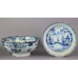 An 18th century English delft bowl with blue & white floral decoration, 10½” diam.; & a ditto 9”