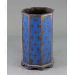 A Victorian blue-painted wooden octagonal stick stand with gold & red fleur-de-lys decoration, on