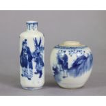 An 18th/19th century Chinese blue & white porcelain snuff bottle of cylindrical form with tall neck,