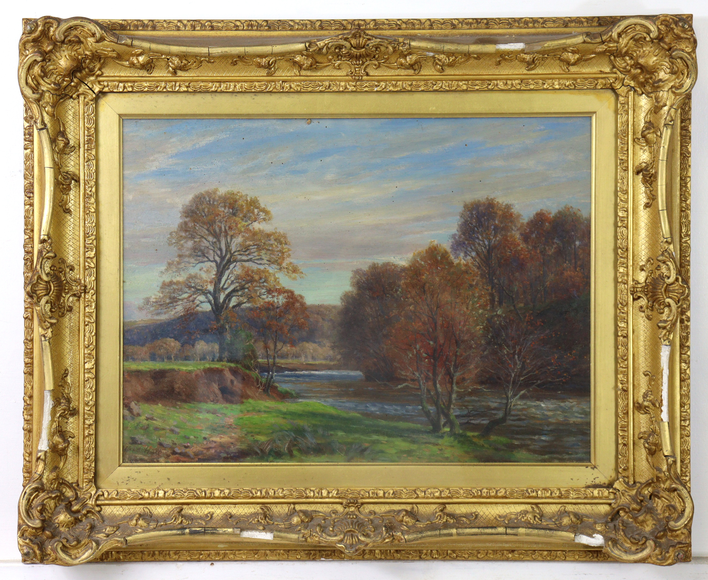 ENGLISH SCHOOL, 19th century. A wooded river landscape, signed indistinctly (Alfred Hart?) lower