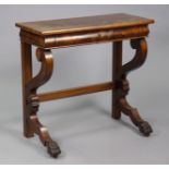A 19th century French mahogany console table with rectangular top above a cushion-fronted frieze