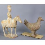 A Chinese Han dynasty earthenware tomb model in the form of a horse & female rider, on rectangular