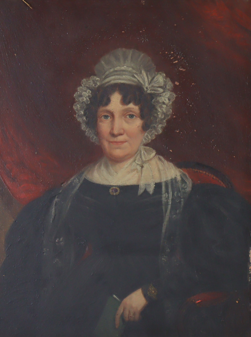 ENGLISH SCHOOL, early 19th century. A portrait of Mrs George Newby, half-length seated holding a