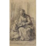 Attributed to JEAN FRANCOIS MILLET (1814-1875). A study of a seated woman & child reading; charcoal