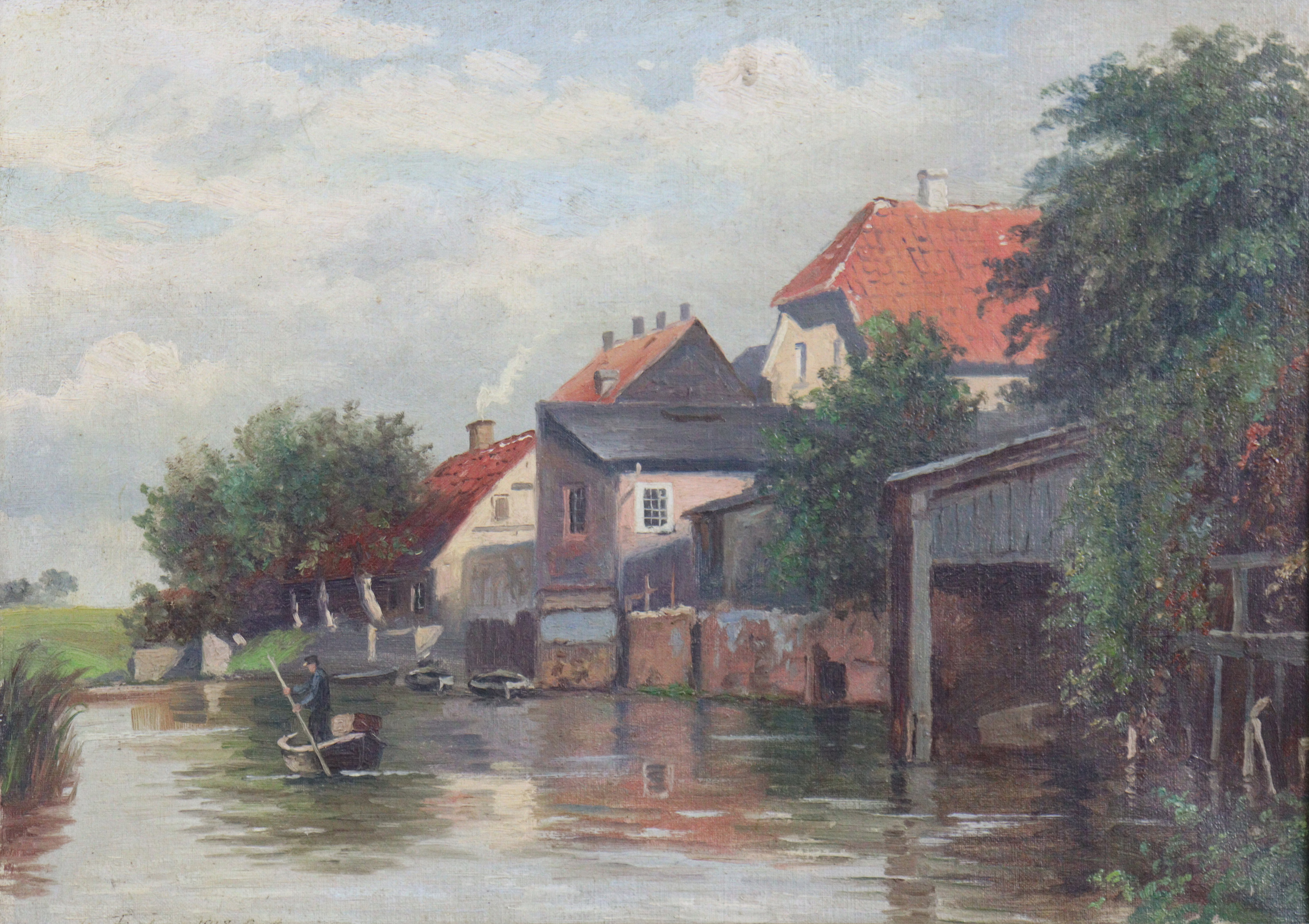 AUGUST FISCHER (Danish, 1854-1921) Riverside houses with barges on the water, signed & dated 1918;