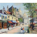 GEORGE HANN (1900-1979). a French street scene with figures, signed, oil on canvas: 29” x 24”, in