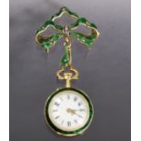 A late 20th century Swiss 18K fob watch, the 18mm white enamel dial with black roman numerals; green