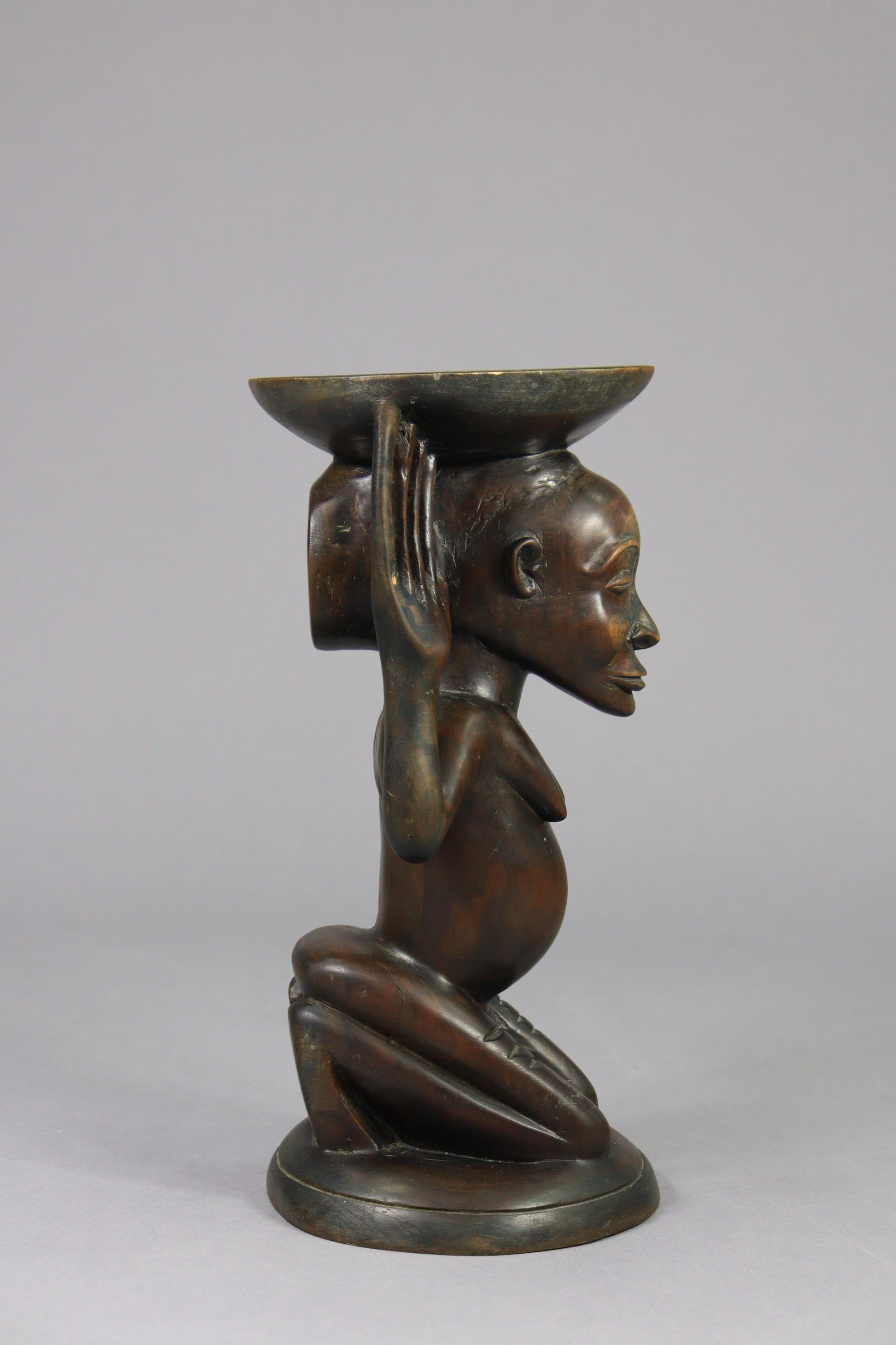 A Luba stool, the female figural support kneeling on circular base, her raised hands supporting - Image 3 of 6