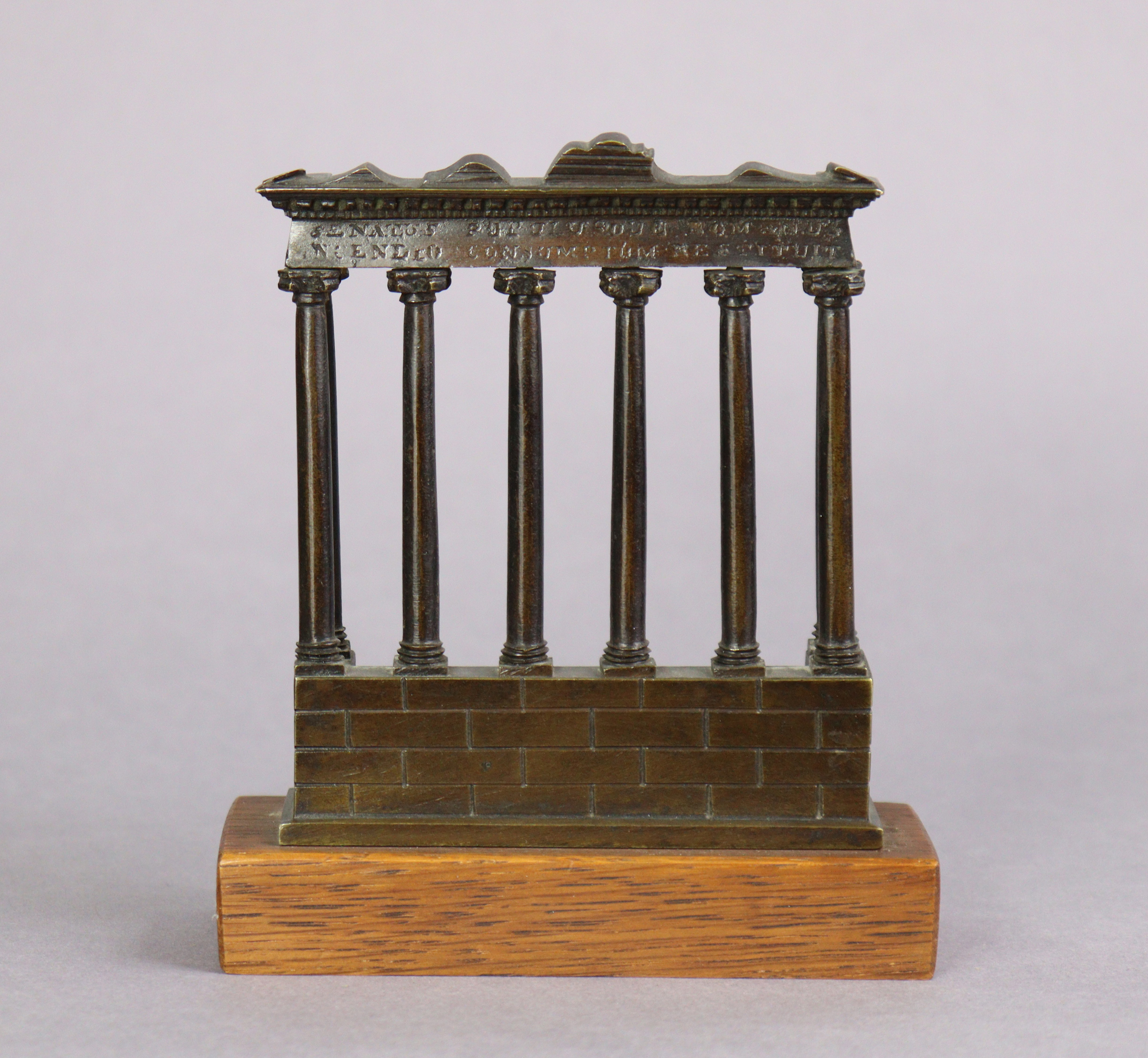 A 19th century Grand Tour bronze model of the Temple of Saturn, mounted on an oak plinth, 5¼” high x - Image 2 of 3