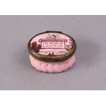 A late 18th century English enamel pink-ground oval patch box inscribed “The Gift of A Friend” on