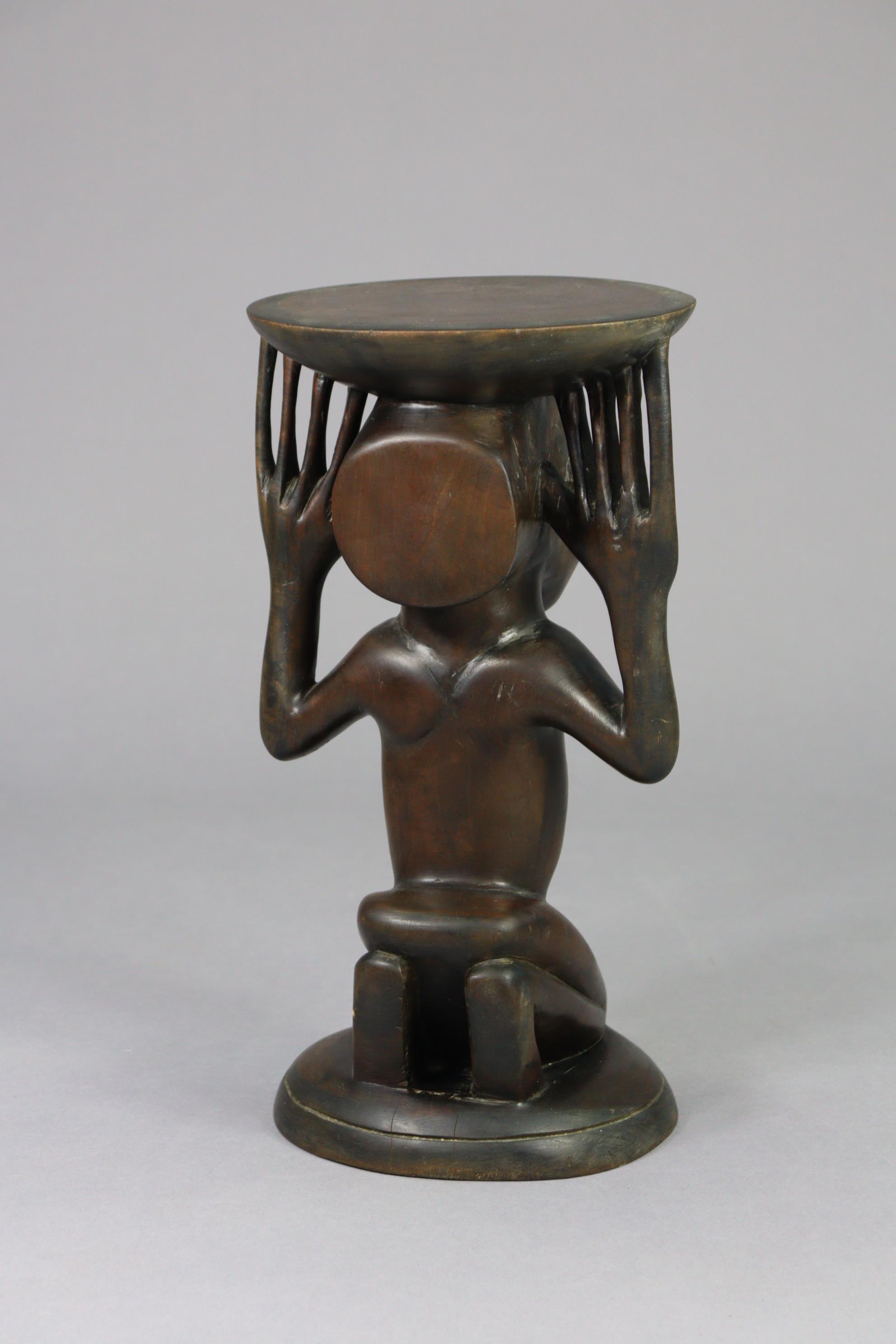 A Luba stool, the female figural support kneeling on circular base, her raised hands supporting - Image 4 of 6