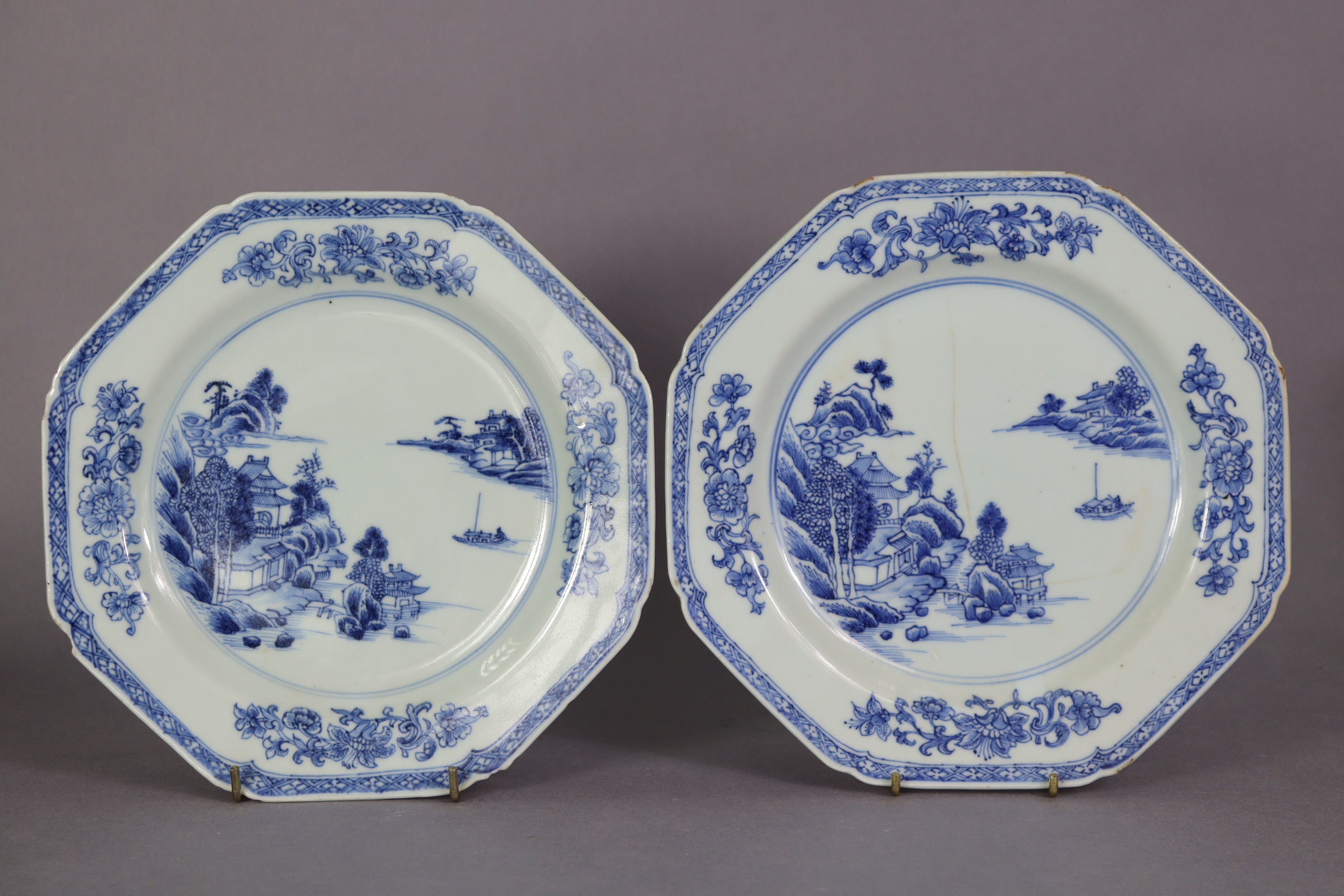A set of three 18th century Chinese blue & white porcelain octagonal plates, each with a river - Image 2 of 5