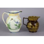 A 19th century Leeds pottery brown-glazed jug with yellow transfer printed decoration of Admiral