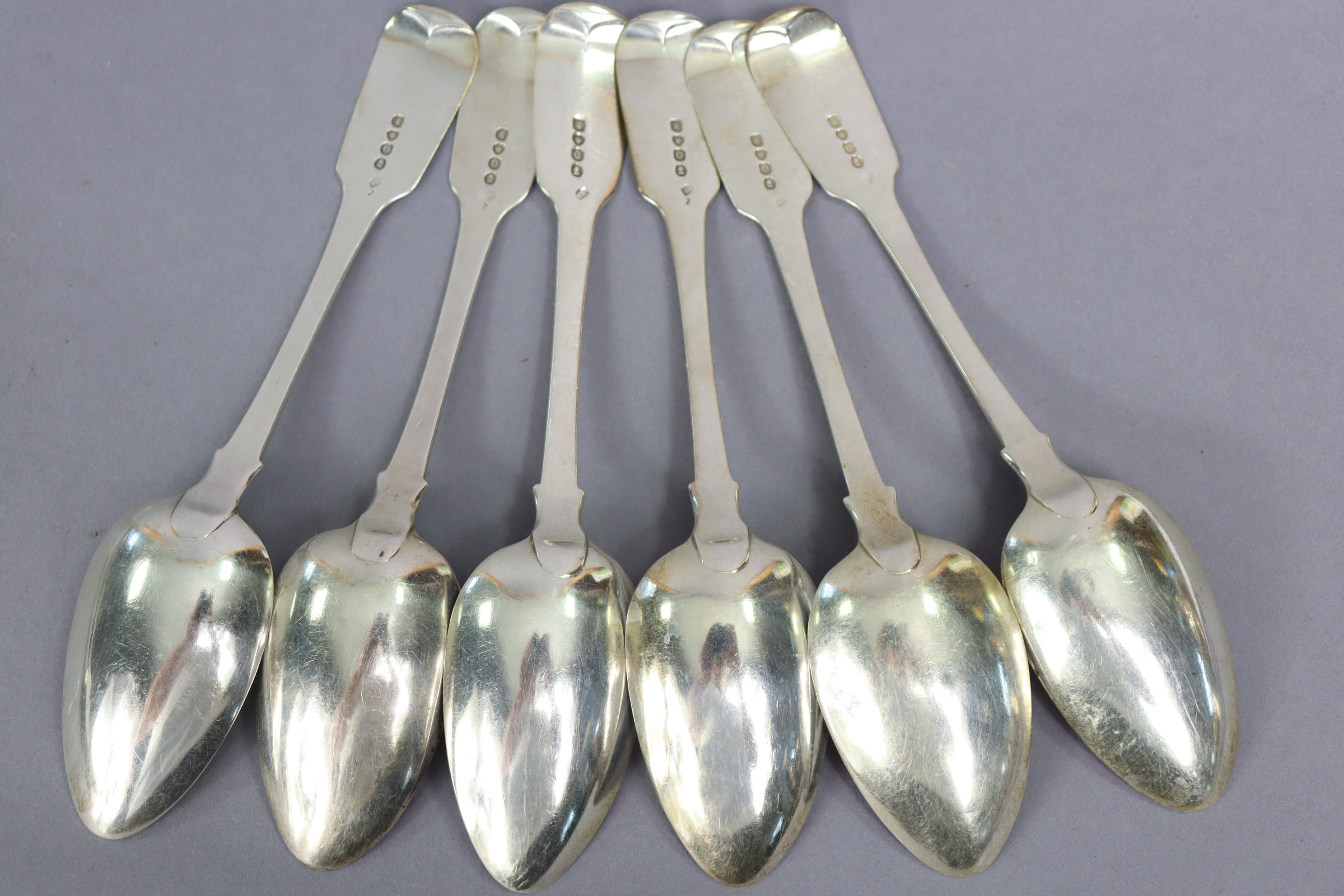 A set of six George IV silver Fiddle pattern tab le spoons, London 1829 by Jonathan Hayne, each with - Image 3 of 3