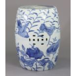 A Chinese blue & white porcelain garden seat of barrel form with all-over decoration of birds