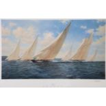 JOHN STEVEN DEWS (b. 1949). “Britannia 1933, Racing In The Solent”; coloured print, signed in