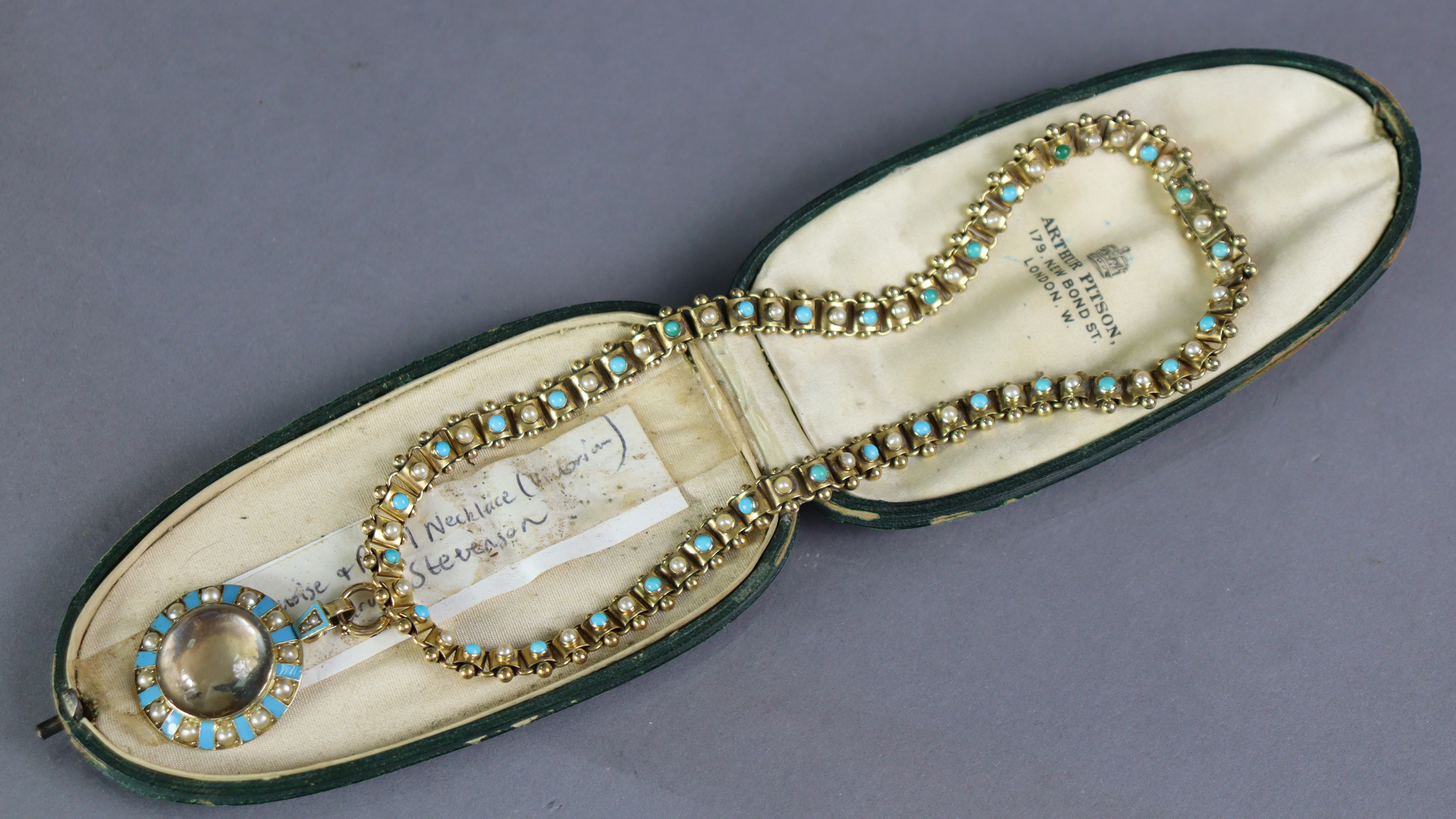 A 19th century yellow metal necklace of box links with a bead either side, each set alternating seed - Image 4 of 6