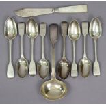 Six Victorian silver fiddle pattern teaspoons, London 1858, by s. Hayne & D Cater; two other