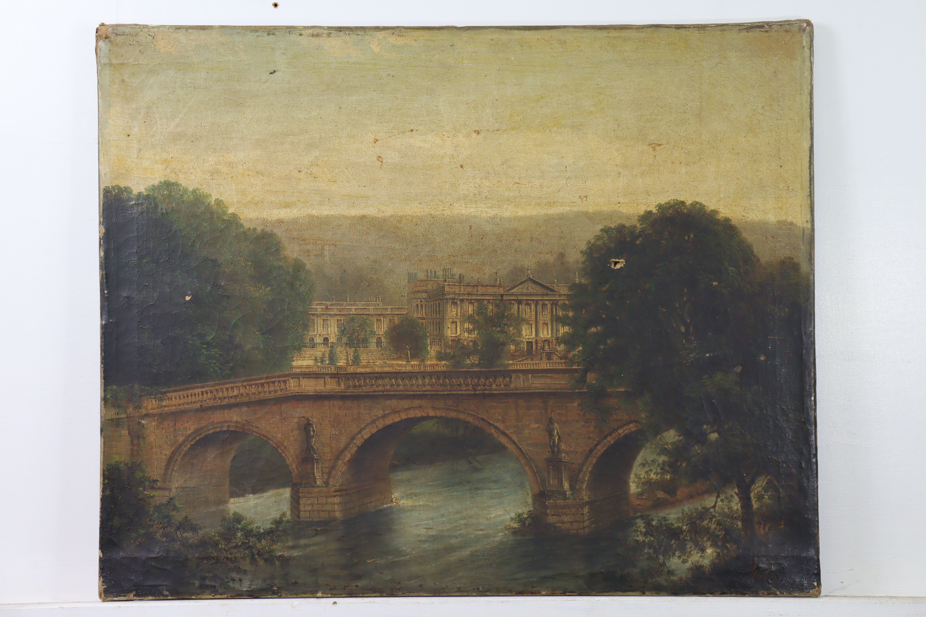 ENGLISH SCHOOL, 19th century. A view of Chatsworth House from the bridge over the river Derwent. Oil - Image 2 of 4