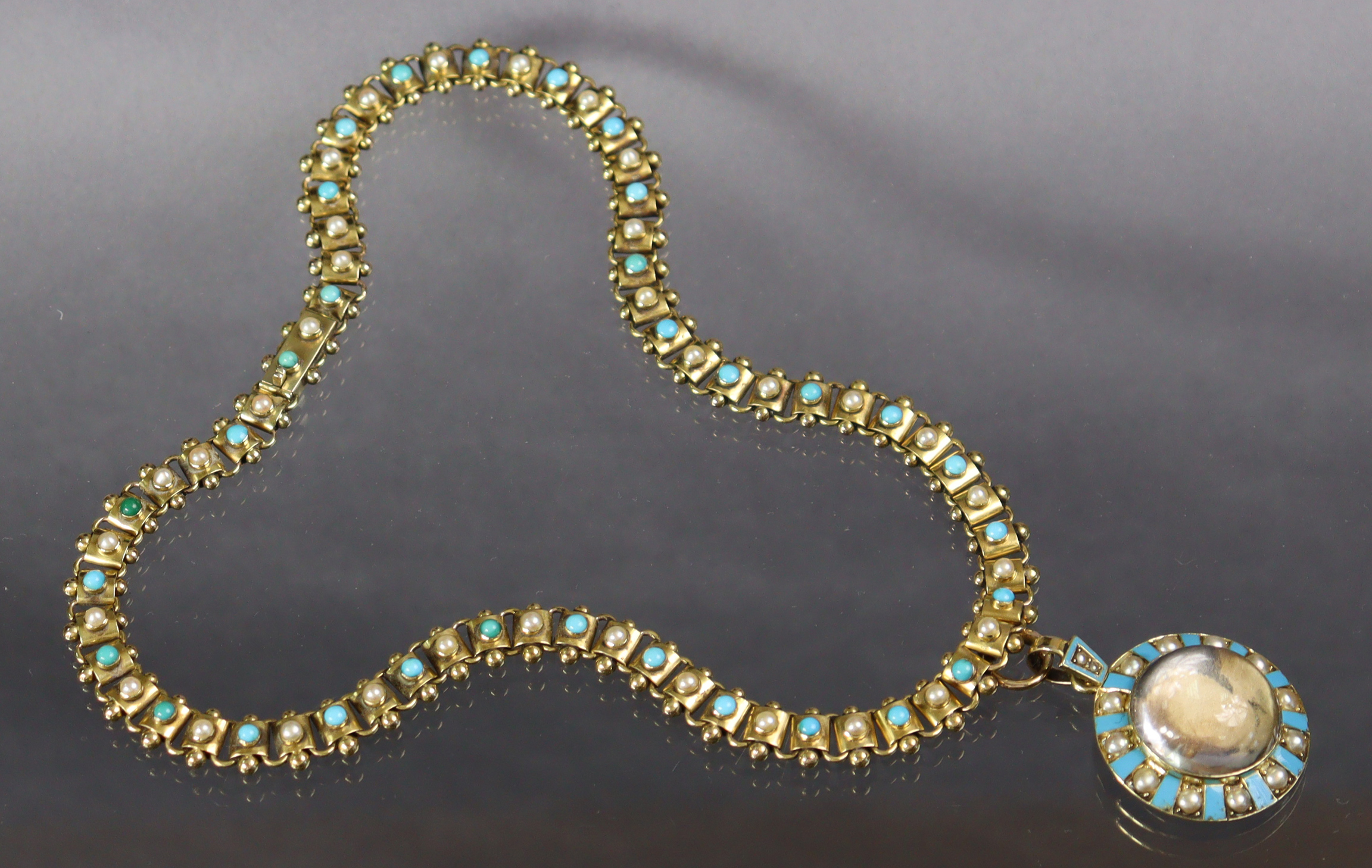 A 19th century yellow metal necklace of box links with a bead either side, each set alternating seed - Image 3 of 6