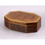 A George III burr-yew work box of rectangular form with canted corners & inlaid borders, 9” wide x