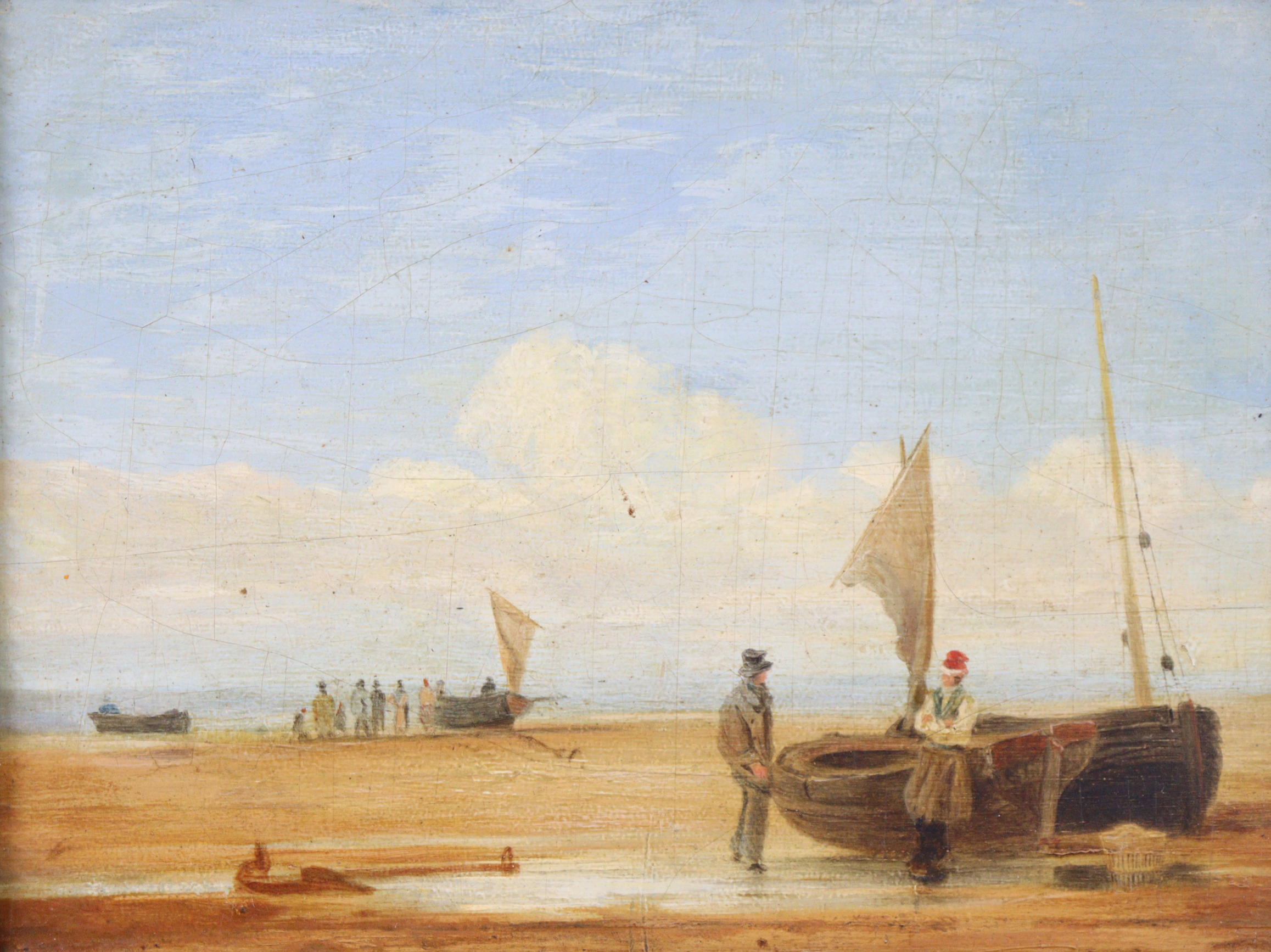 Follower of William Collins, R. A. (1778-1847). Fishing vessels & figures on a sandy beach; oil on