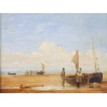 Follower of William Collins, R. A. (1778-1847). Fishing vessels & figures on a sandy beach; oil on