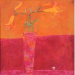 JANET GOLPHIN (b. 1950). Still life of flowers in a vase on a pink & orange background; signed &