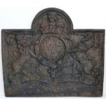 A cast-iron fireback with Royal cypher in relief, 25½” x 29”.