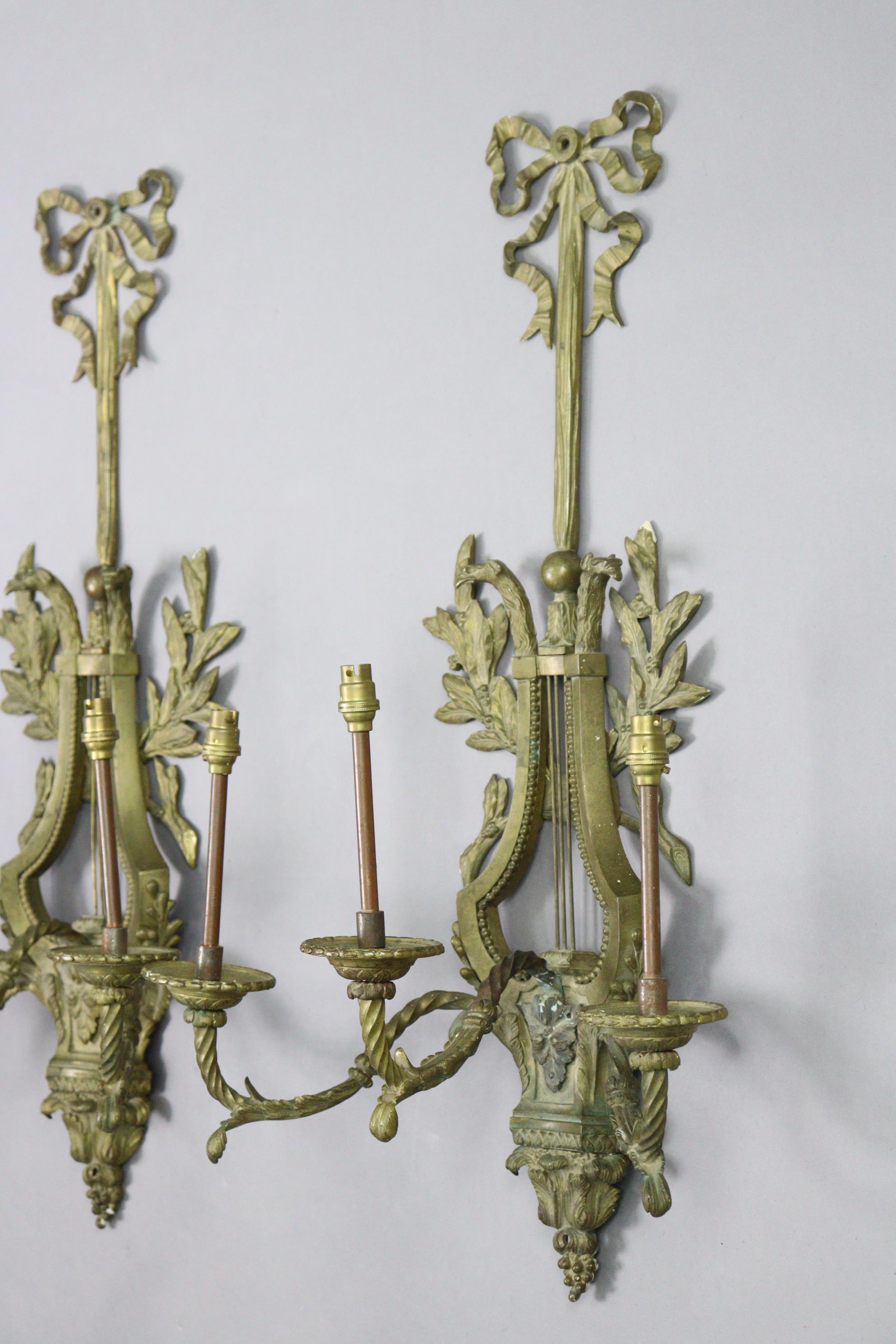 A pair of 19th century gilt-metal lyre-shaped wall sconces, each with three spiral-twist arms, - Image 2 of 5