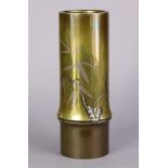 A late 19th century Japanese bronze bamboo-shaped cylindrical vase with copper inlay & silvered