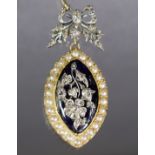 A 19th century gold & gem-set navette shaped pendant brooch, the deep blue enamel centre with flower